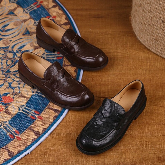 Round Toe Soft Leather Penny Loafers for Women in Coffee/Black