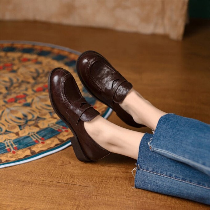 Round Toe Soft Leather Penny Loafers for Women in Coffee/Black