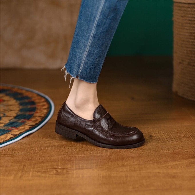 Round Toe Soft Leather Penny Loafers for Women in Coffee/Black