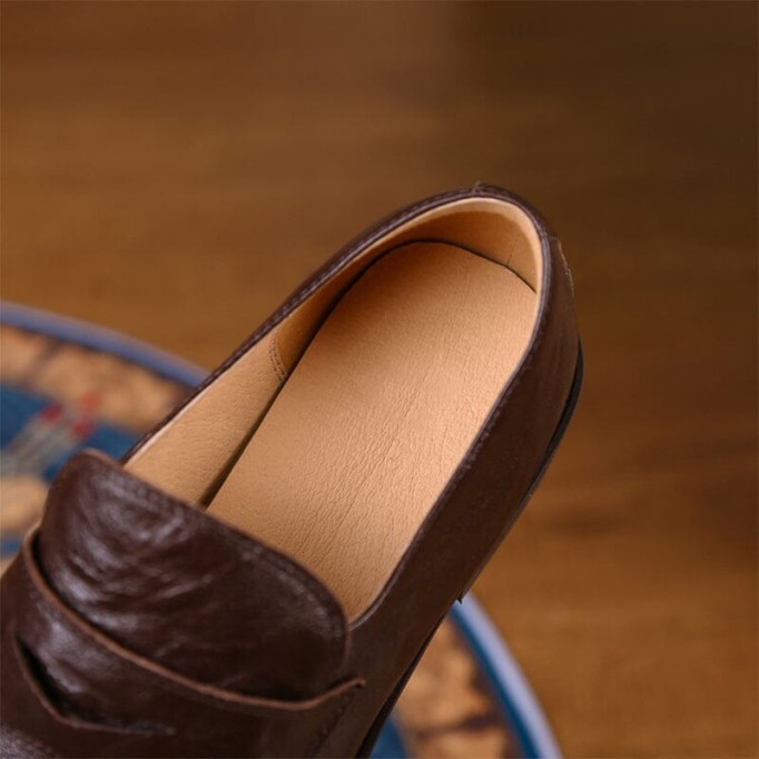 Round Toe Soft Leather Penny Loafers for Women in Coffee/Black