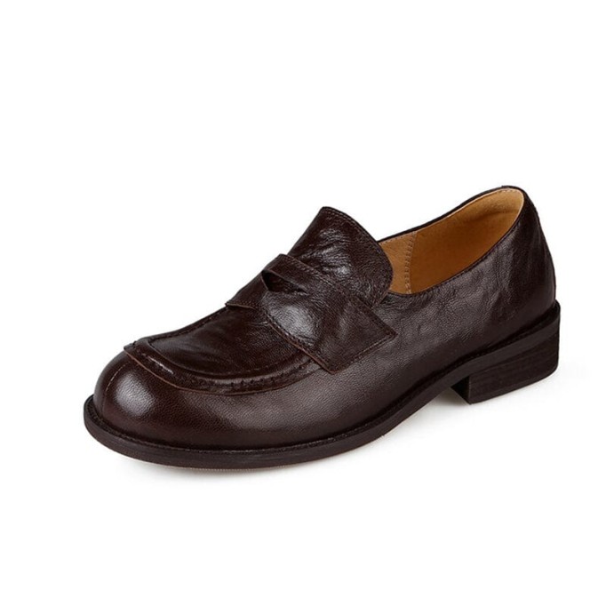 Round Toe Soft Leather Penny Loafers for Women in Coffee/Black