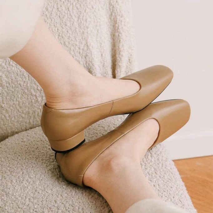 Leather Square Toe Block Heeled Slip-On Pumps Office Shoes in Beige/Black/Khaki