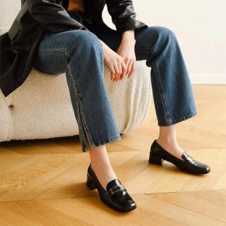 Retro Leather Penny Loafers for Women Square Toe Block Heel in White/Black/Camel