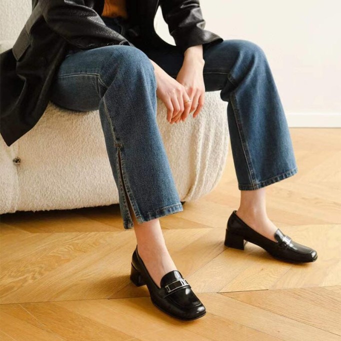 Retro Leather Penny Loafers for Women Square Toe Block Heel in White/Black/Camel