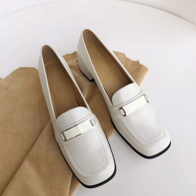 Retro Leather Penny Loafers for Women Square Toe Block Heel in White/Black/Camel