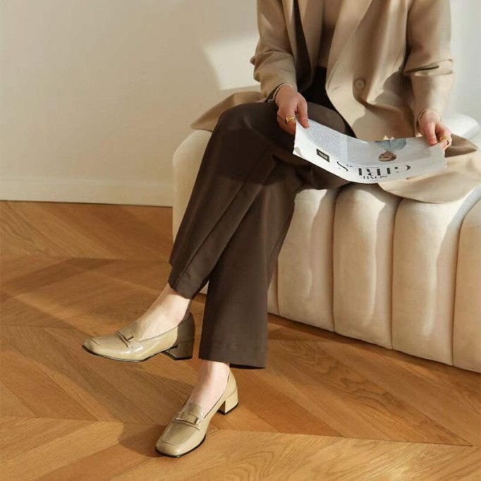 Retro Leather Penny Loafers for Women Square Toe Block Heel in White/Black/Camel