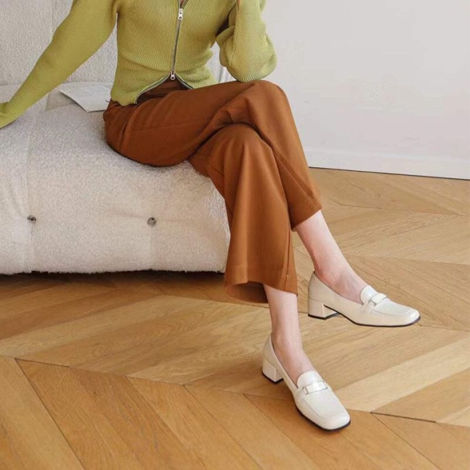 Retro Leather Penny Loafers for Women Square Toe Block Heel in White/Black/Camel