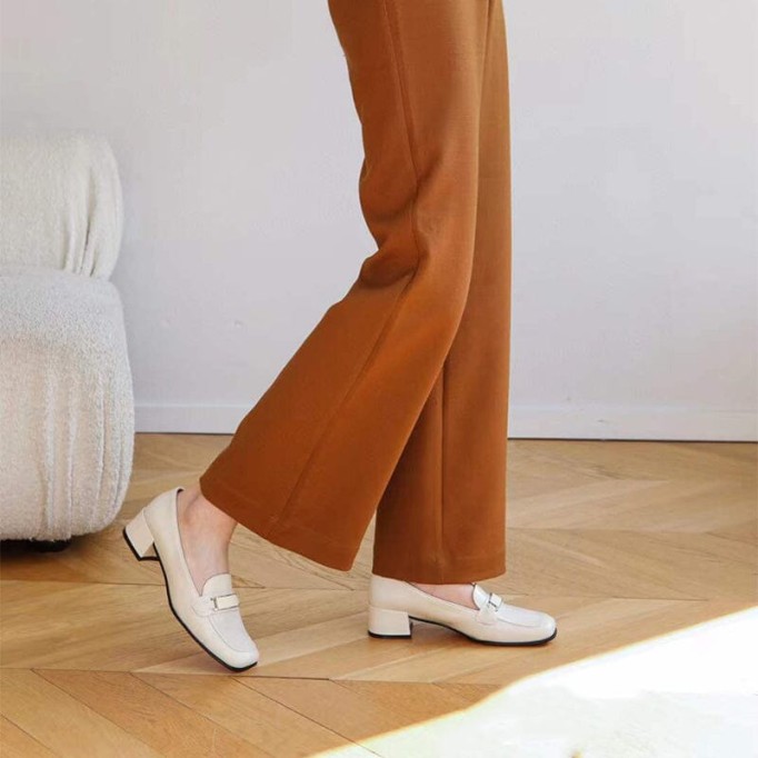 Retro Leather Penny Loafers for Women Square Toe Block Heel in White/Black/Camel