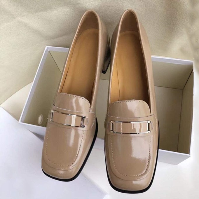 Retro Leather Penny Loafers for Women Square Toe Block Heel in White/Black/Camel