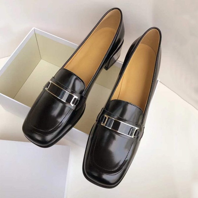 Retro Leather Penny Loafers for Women Square Toe Block Heel in White/Black/Camel