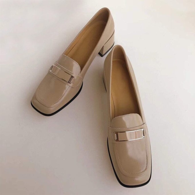 Retro Leather Penny Loafers for Women Square Toe Block Heel in White/Black/Camel
