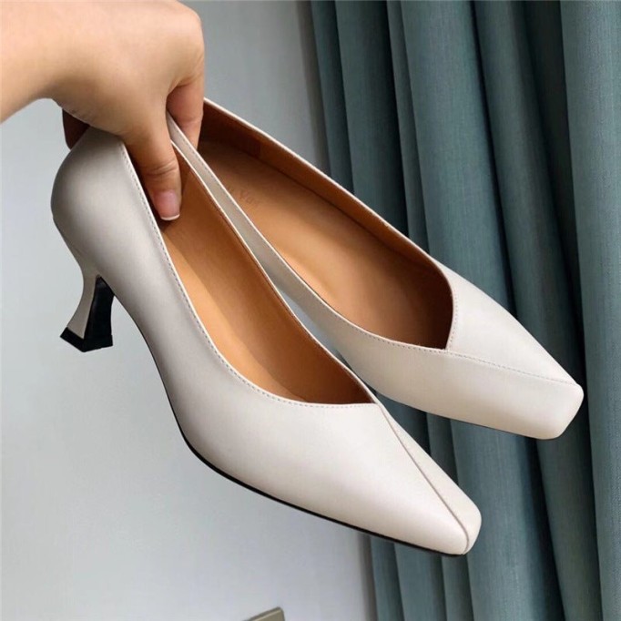 Handmade Genuine Leather Pumps In White/Black/Blue Fashion Style Kitten Heels