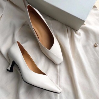 Handmade Genuine Leather Pumps In White/Black/Blue Fashion Style Kitten Heels