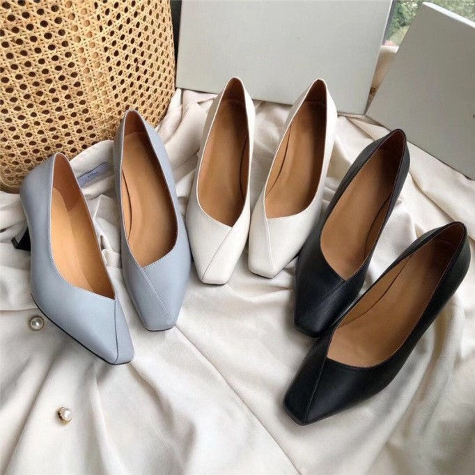 Handmade Genuine Leather Pumps In White/Black/Blue Fashion Style Kitten Heels