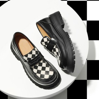 Handmade Leather Platform Penny Loafers For Women In Black/Lattice