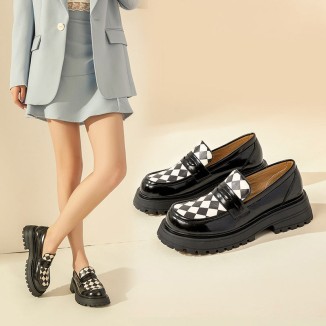 Handmade Leather Platform Penny Loafers For Women In Black/Lattice