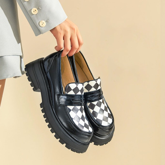 Handmade Leather Platform Penny Loafers For Women In Black/Lattice