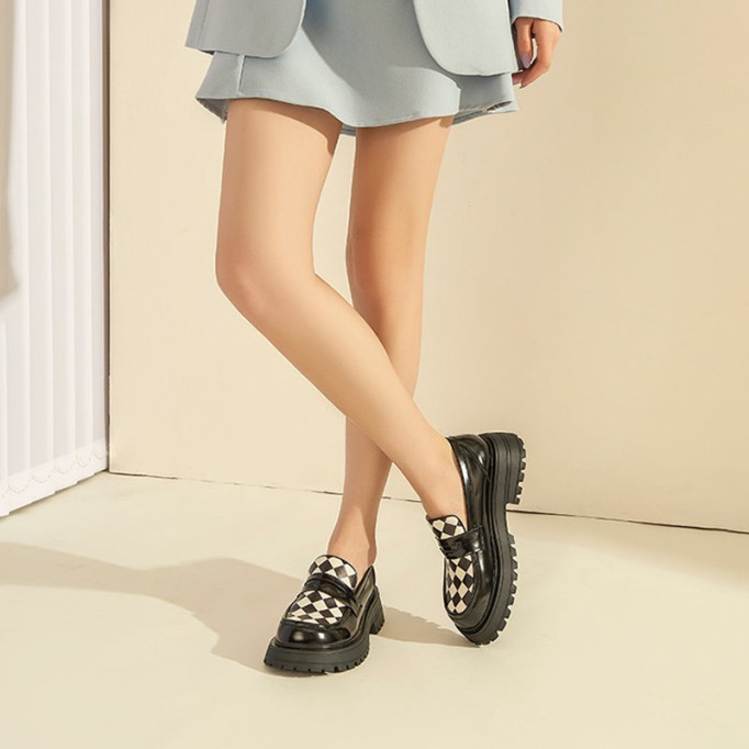 Handmade Leather Platform Penny Loafers For Women In Black/Lattice