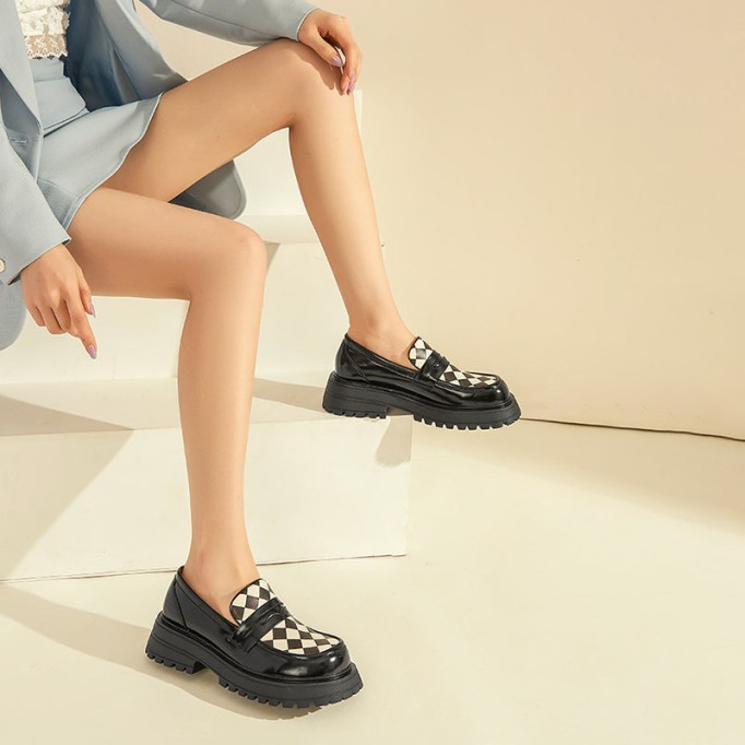 Handmade Leather Platform Penny Loafers For Women In Black/Lattice