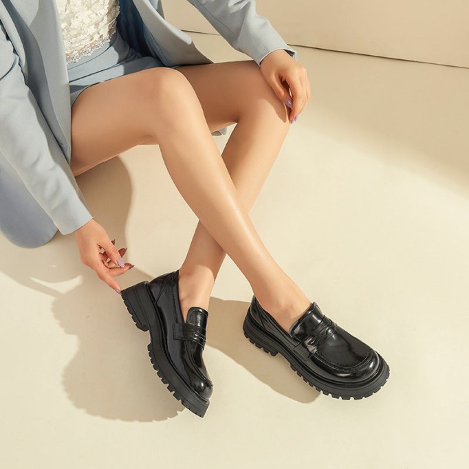 Handmade Leather Platform Penny Loafers For Women In Black/Lattice