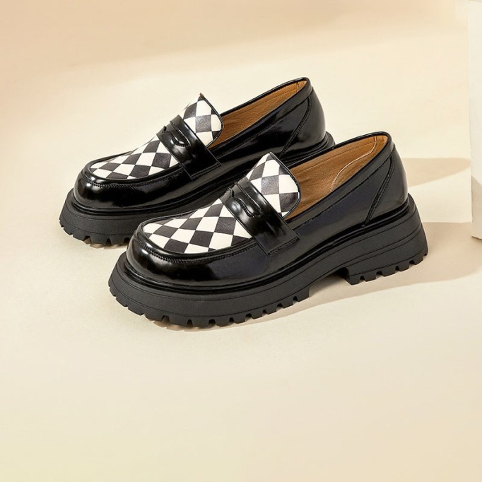 Handmade Leather Platform Penny Loafers For Women In Black/Lattice