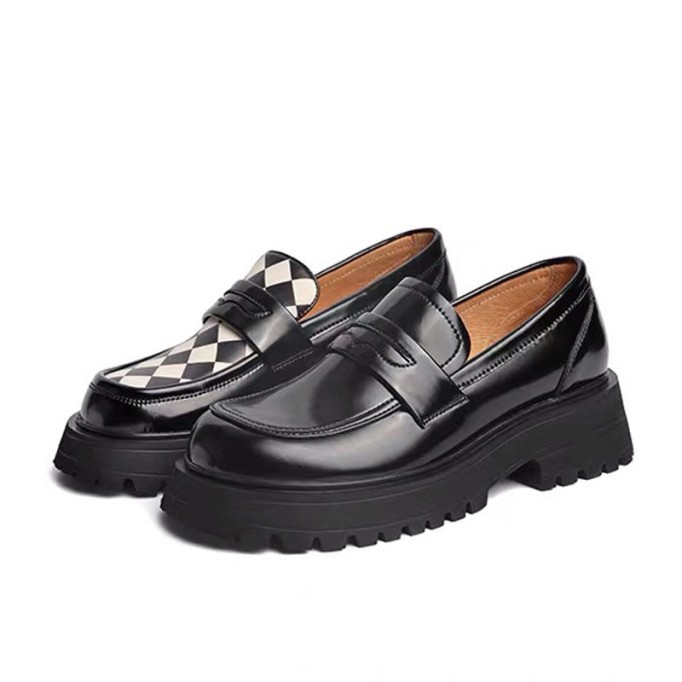 Handmade Leather Platform Penny Loafers For Women In Black/Lattice