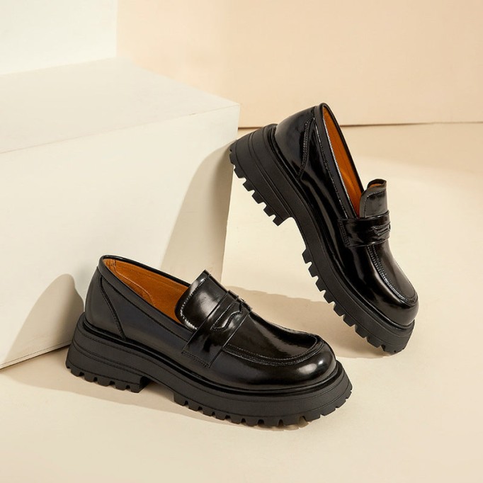 Handmade Leather Platform Penny Loafers For Women In Black/Lattice