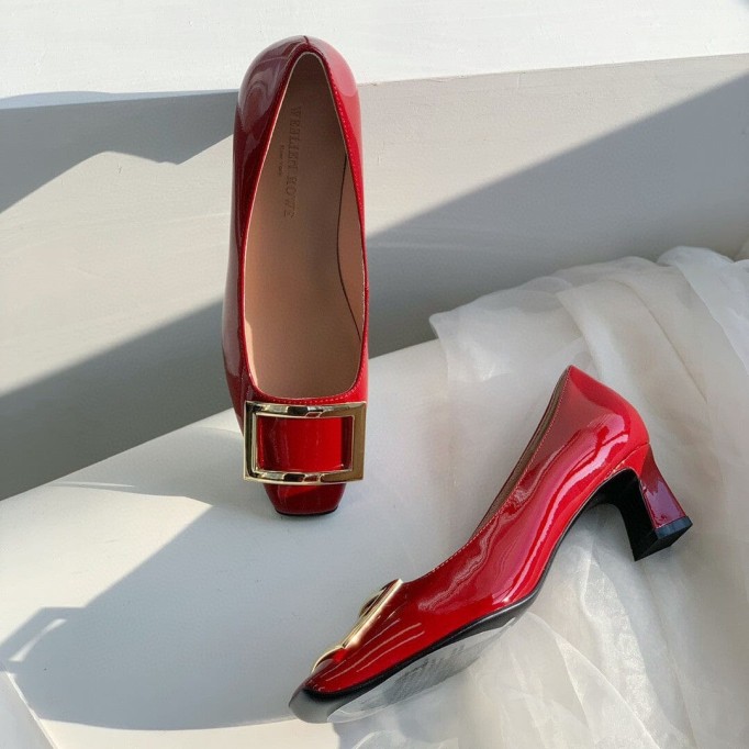 Classic Handmade Leather Block Heel Pumps in Red/Black/White/Khaki Square Button Design