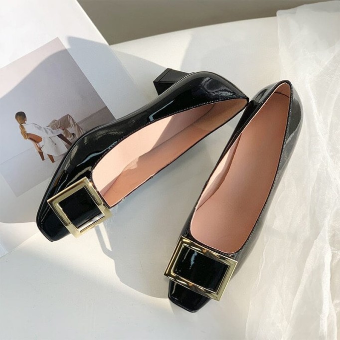 Classic Handmade Leather Block Heel Pumps in Red/Black/White/Khaki Square Button Design