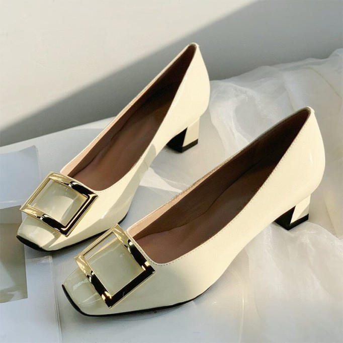 Classic Handmade Leather Block Heel Pumps in Red/Black/White/Khaki Square Button Design