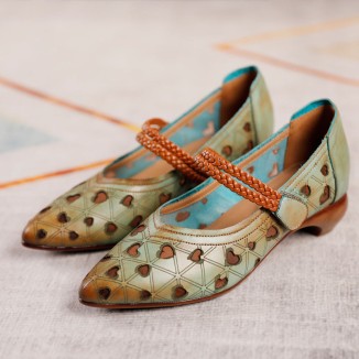 Chunky Pumps Full Grain Leather Comfy High Heel Shoes Flower Decorated Grey/Green