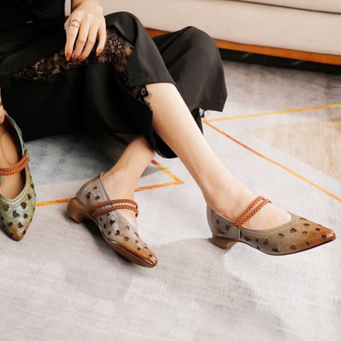 Chunky Pumps Full Grain Leather Comfy High Heel Shoes Flower Decorated Grey/Green