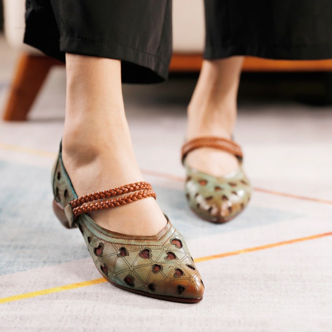 Chunky Pumps Full Grain Leather Comfy High Heel Shoes Flower Decorated Grey/Green