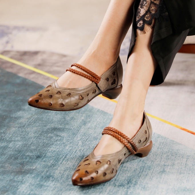 Chunky Pumps Full Grain Leather Comfy High Heel Shoes Flower Decorated Grey/Green