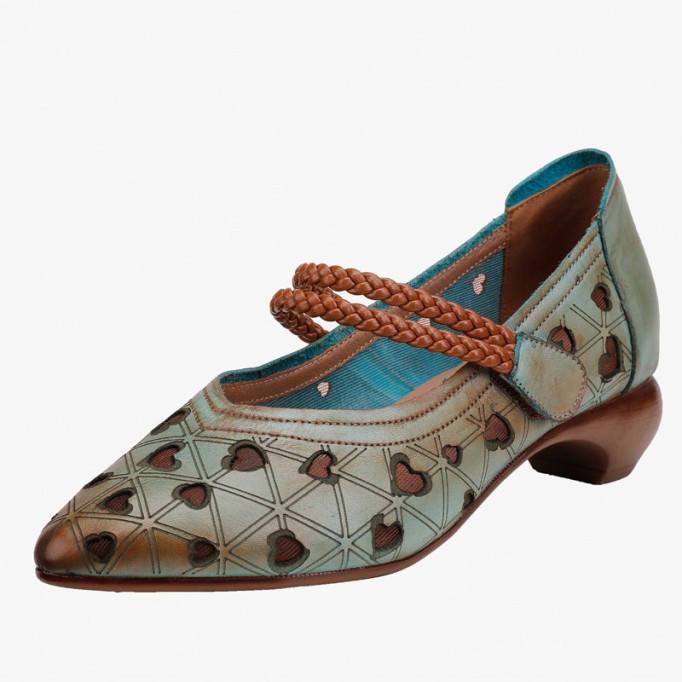 Chunky Pumps Full Grain Leather Comfy High Heel Shoes Flower Decorated Grey/Green