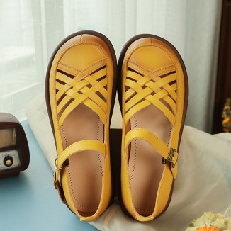 Retro Woven Leather Platform Mary Jane Shoes In Yellow/Coffee/Khaki