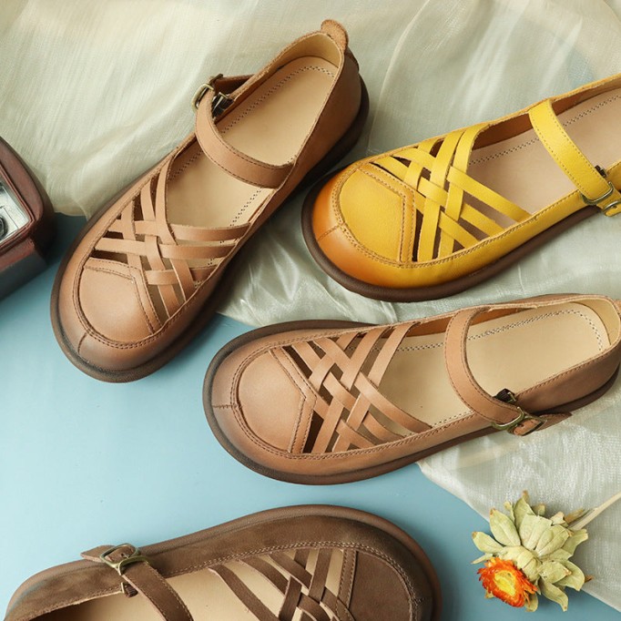 Retro Woven Leather Platform Mary Jane Shoes In Yellow/Coffee/Khaki