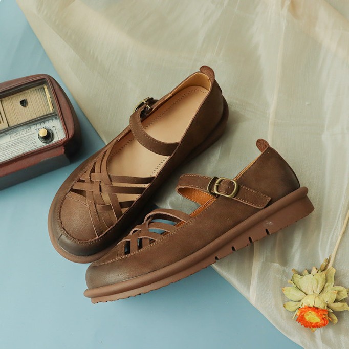 Retro Woven Leather Platform Mary Jane Shoes In Yellow/Coffee/Khaki