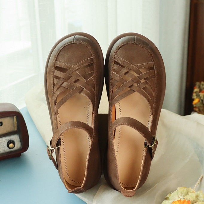 Retro Woven Leather Platform Mary Jane Shoes In Yellow/Coffee/Khaki