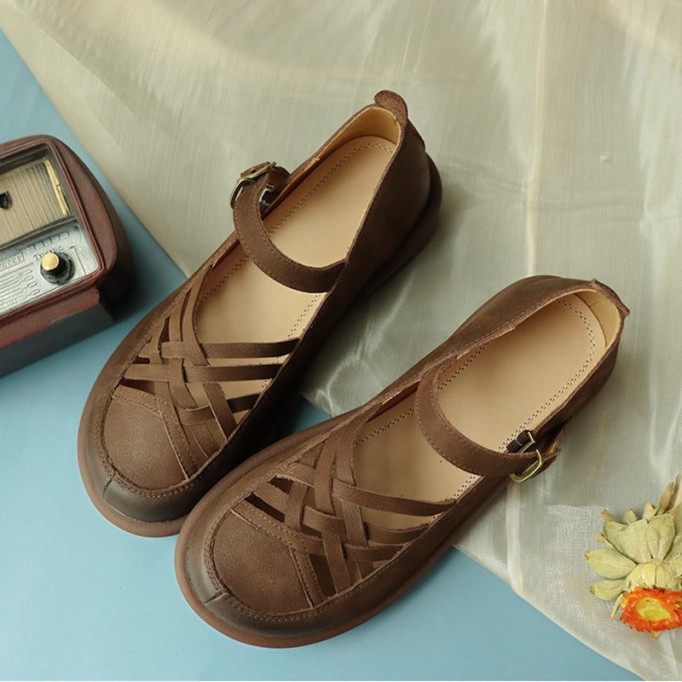 Retro Woven Leather Platform Mary Jane Shoes In Yellow/Coffee/Khaki