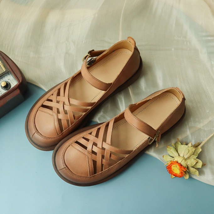 Retro Woven Leather Platform Mary Jane Shoes In Yellow/Coffee/Khaki