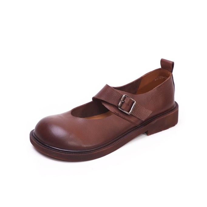 Leather Mary Jane Shoes For Womens Round Toe Flat Handmade Black/Coffee