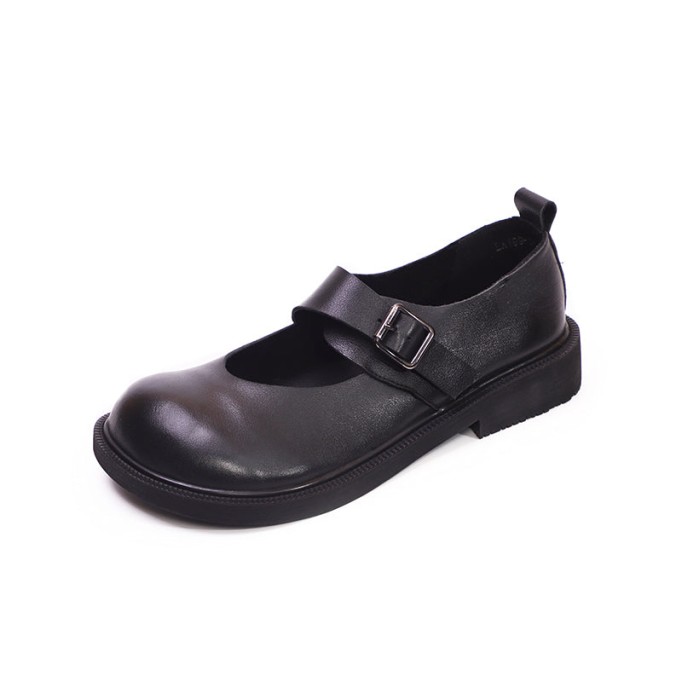 Leather Mary Jane Shoes For Womens Round Toe Flat Handmade Black/Coffee