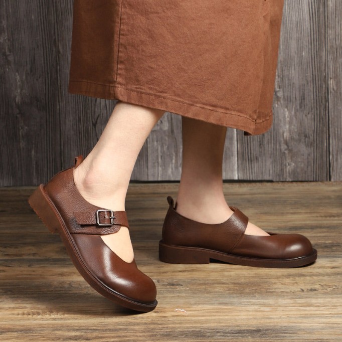 Leather Mary Jane Shoes For Womens Round Toe Flat Handmade Black/Coffee