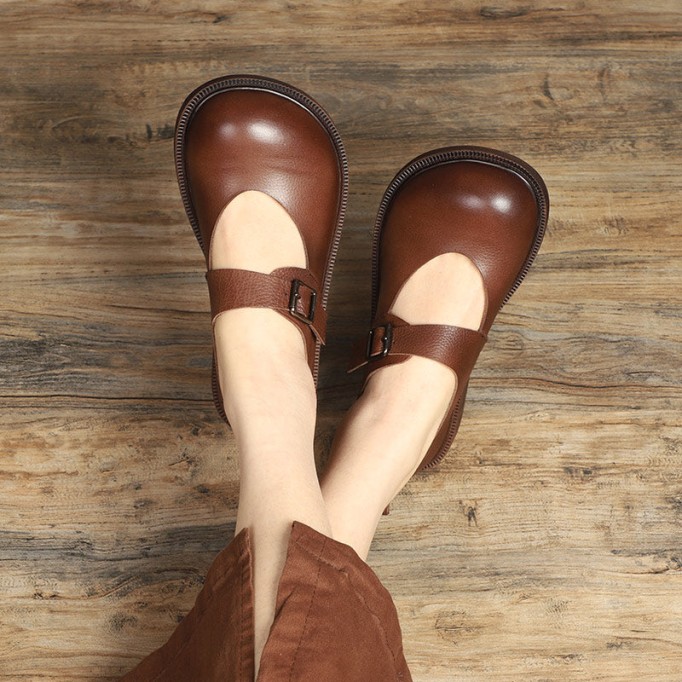 Leather Mary Jane Shoes For Womens Round Toe Flat Handmade Black/Coffee