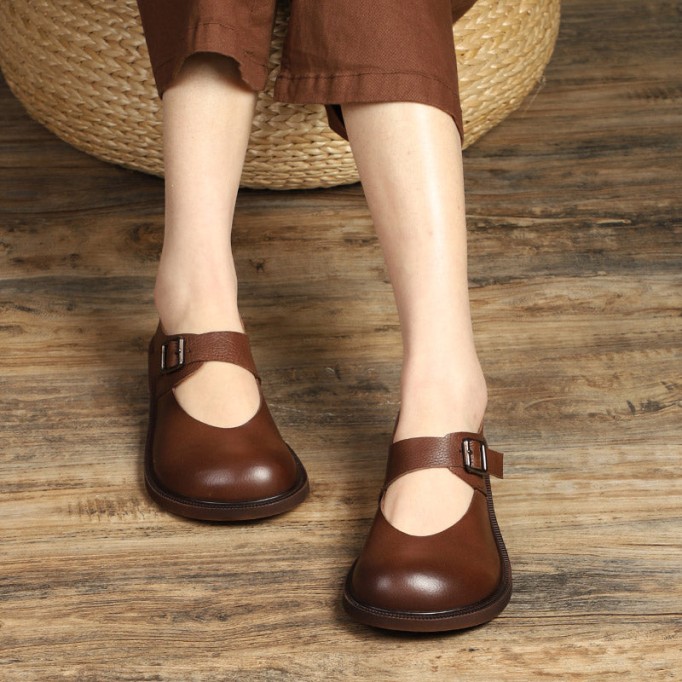 Leather Mary Jane Shoes For Womens Round Toe Flat Handmade Black/Coffee