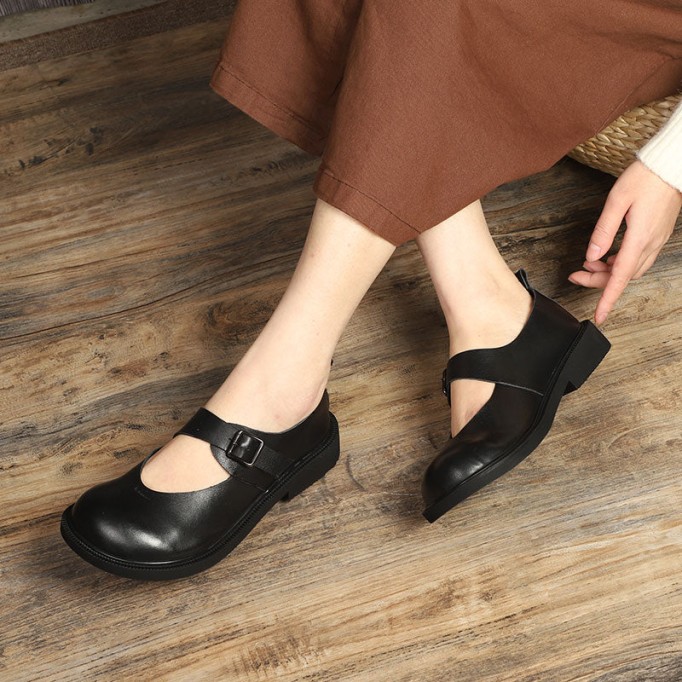 Leather Mary Jane Shoes For Womens Round Toe Flat Handmade Black/Coffee