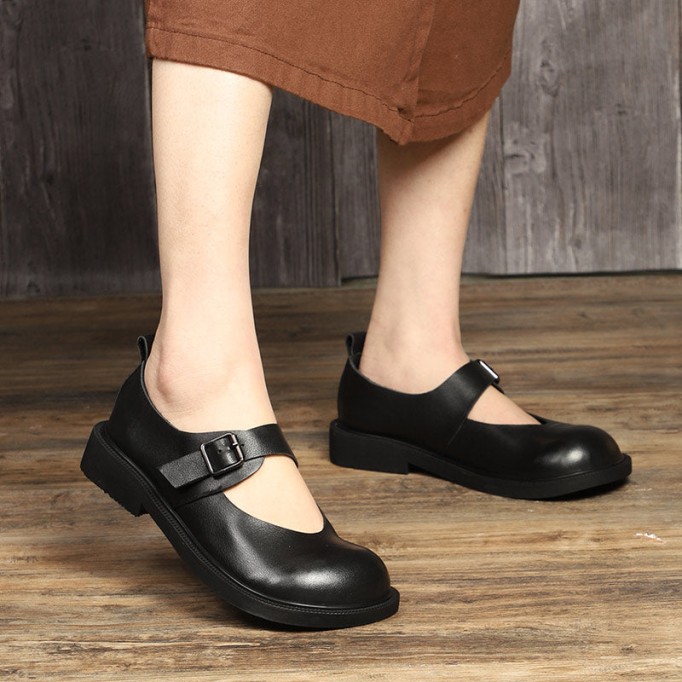 Leather Mary Jane Shoes For Womens Round Toe Flat Handmade Black/Coffee