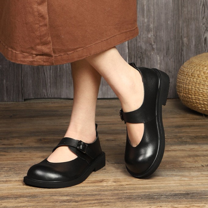 Leather Mary Jane Shoes For Womens Round Toe Flat Handmade Black/Coffee