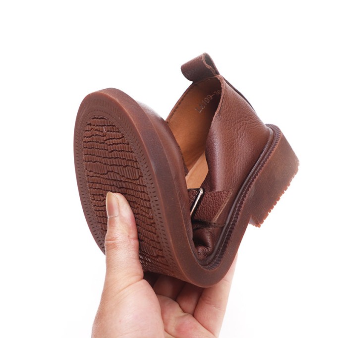 Leather Mary Jane Shoes For Womens Round Toe Flat Handmade Black/Coffee